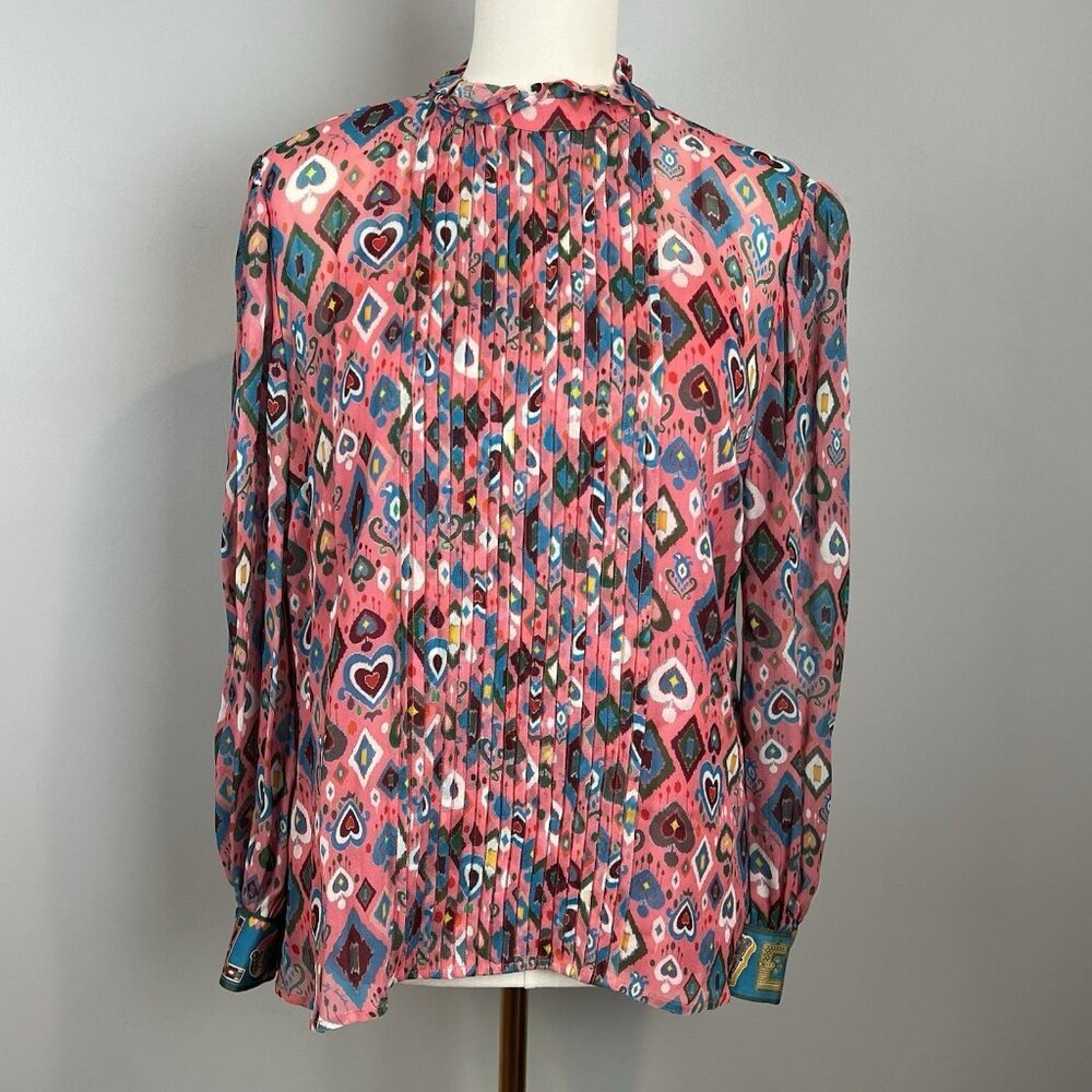 Emily Lovelock Melissa Blouse Pink Print Semi Sheer With Pink Cami Size Medium